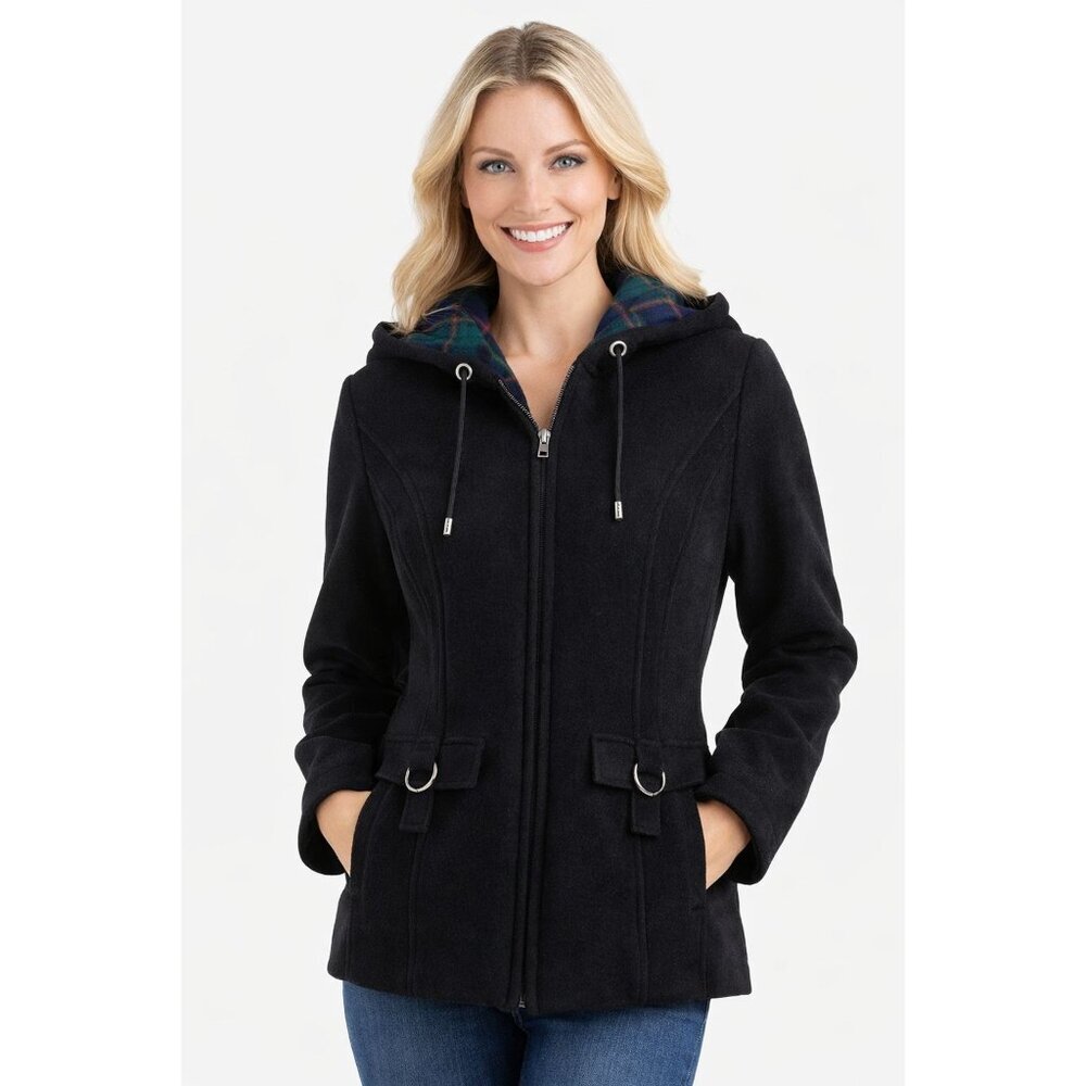 Fleet Street Wool Hooded Jacket Black Plaid Lined Wool Zip Coat Womens Petite PL